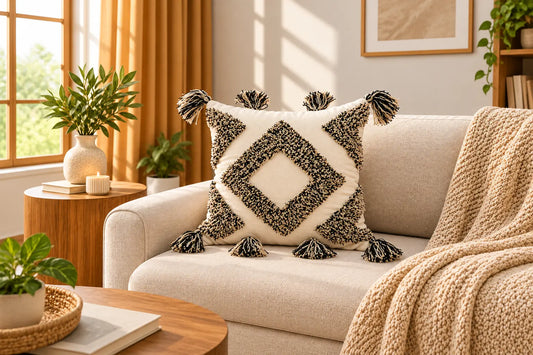 Monochrome Diamond Tassel Cushion Cover