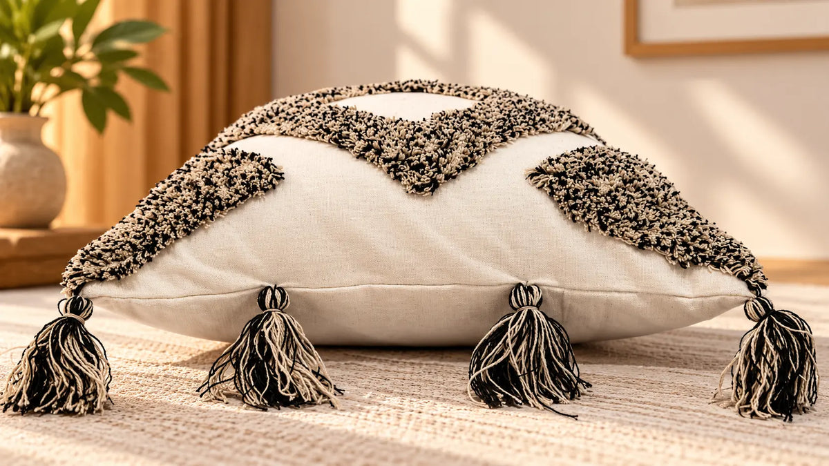 Monochrome Diamond Tassel Cushion Cover