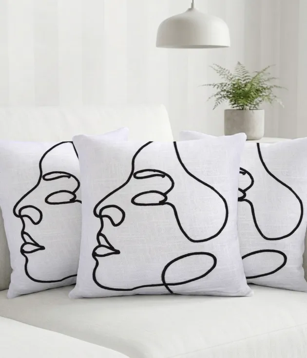 Abstract Face Line Cushions Covers - Minimal Embroidered Design
